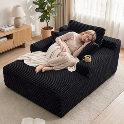 68" Modern Oversized Corduroy Compression Chaise Lounge Chair with Memory Foam & Pocket Springs, No Assembly Ergonomic Cloud Lounger for Living Room, Bedroom, Apartment, Black