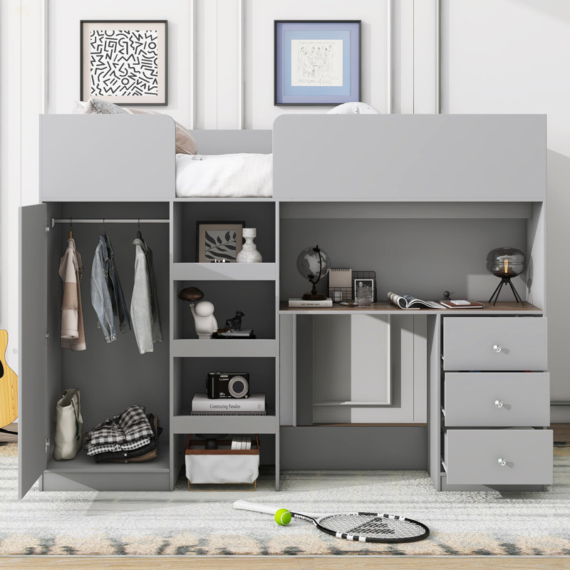 Lit mezzanine double en bois avec garde-robe intégrée, bureau, tablettes de rangement et tiroirs, Gris