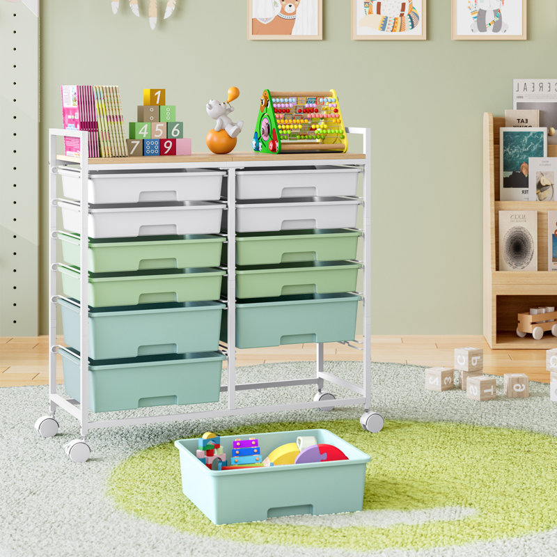 Chariot utilitaire roulant 12 tiroirs avec plateau en bois, rangement pour artisanat mobile et organisateur de fournitures d'art, chariot roulant pour bureau à domicile, rangement pour salle de classe avec roues