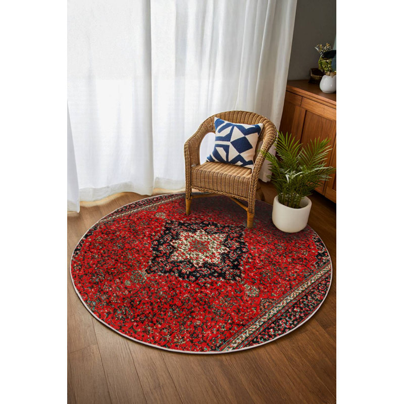 Alba Collection Digital Print Cotton-Polyester Red Moroccan Rug, Round 3'4"