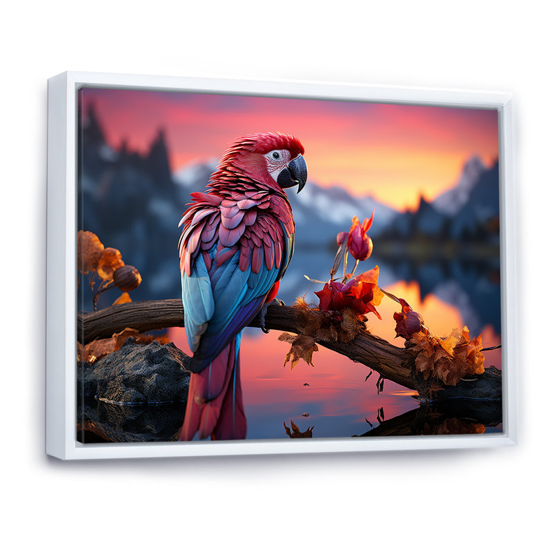 Coucher de soleil rouge et bleu avec plumage radieux au coucher du soleil, Cadre flottant blanc, H 24 po x l 32 po x P 1 po