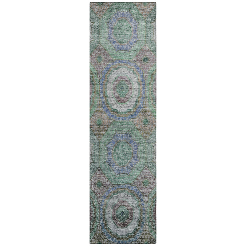 Machine Washable Indoor/Outdoor Xhevrie Green Rug, Runner 2'3" x 7'6"