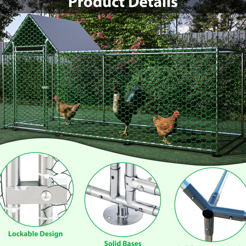 Parcours de poule 10 x 3 pi avec toit de barrière verrouillable en métal galvanisé pour construction et abri