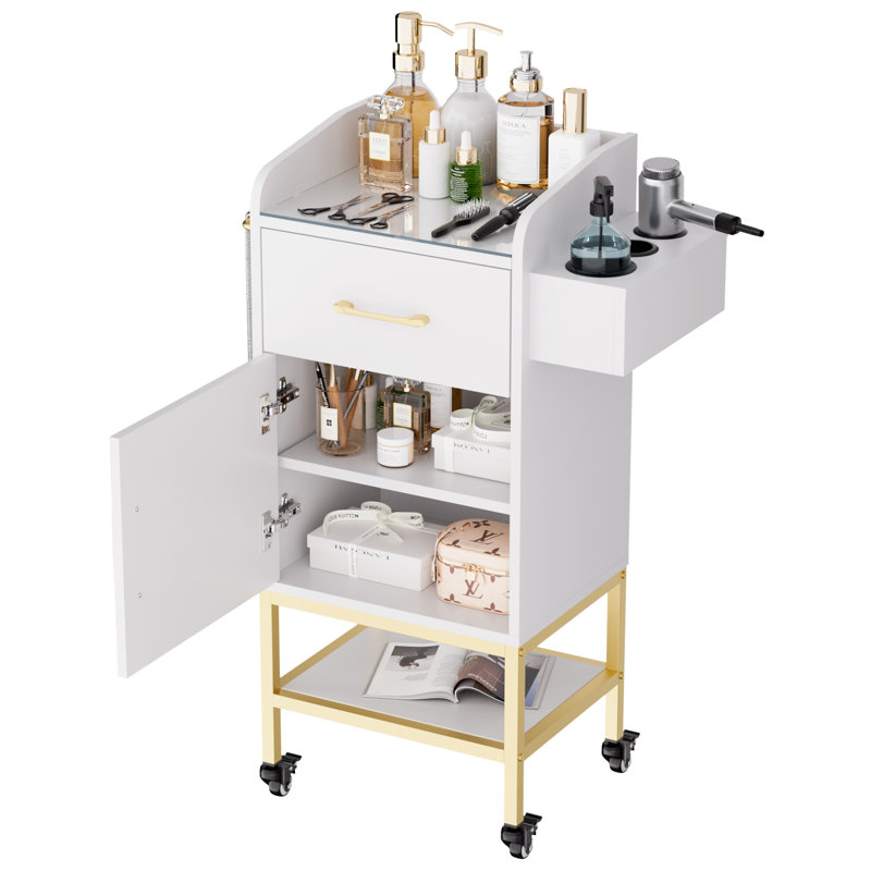 Chariot de salon avec porte-outils chaud, plateau en verre trempé et roulettes verrouillables pour l'organisation d'outils de coiffure