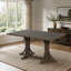 Table de salle à manger en bois massif pour 6 personnes, style rustique campagnard, avec piètement à tréteaux et pieds galbés, finition chêne naturel-476855812