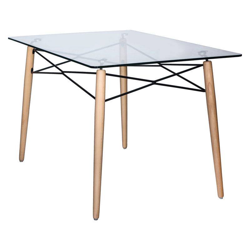 Kamron Rectangle Glass Top Dining Table with Natural Wood Eiffel Base, Clear