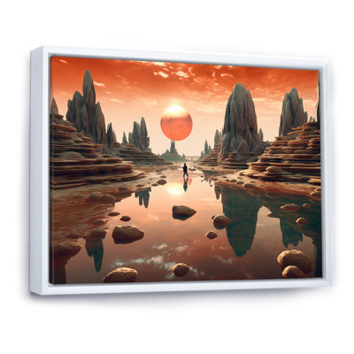 Lune rose, paysage de montagne futuriste - reproduction