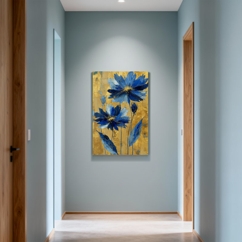 Plantes et fleurs, fleurs bleues sur fond doré, reproduction d'art, H 12 po x l 18 po