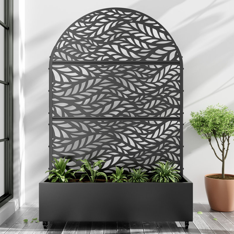 Arch Metal Planter Box with Trellis with Wheels, 72" H x 47" W x 16" D