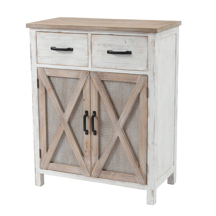 AshleeOaks Farmhouse Barn Door Accent Wood Storage Cabinet, Entryway Bar Storage Table, Country Style Furniture, Whitewashed, 32.25 H