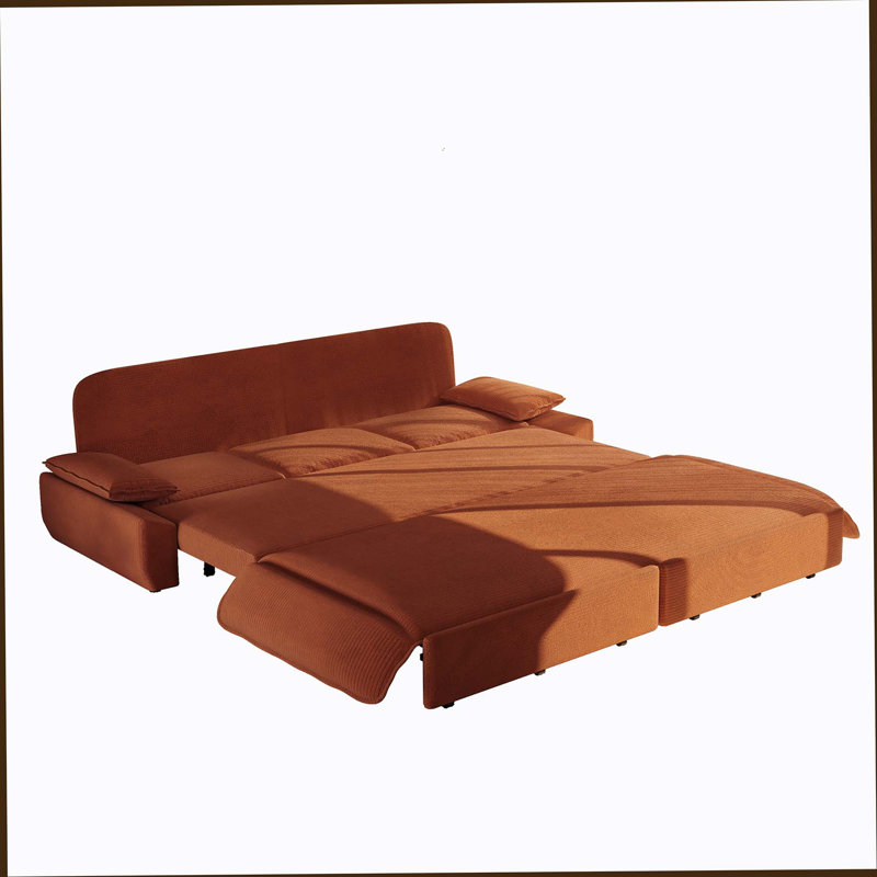 94.5" King Size Pull Out Sofa Bed,3-In-1 Convertible Sleeper Sofa,Multi-Functional Corduroy  Bed,Orange, Orange