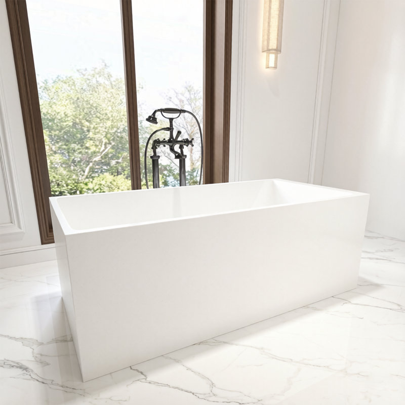 59" Freestanding Solid Surface Soaking Bathtub Thick Backrest Rectangle Tub In White