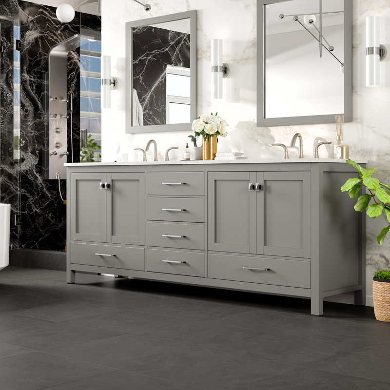 Minnich 84"W x 22"D Double Sink Bathroom Vanity with Undermount Porcelain Sink, Gray, Quartz - White Carrara