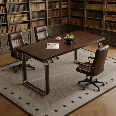 Brown Mid-Century Modern Solid Wood Multi-Functional Rectangular Dining Table & Writing Desk
