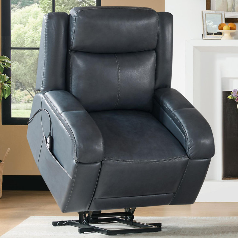 Dual Motor Top Grain Leather Power Lift Recliner with Massage and Heat and Power Headrest, Navy