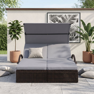 Outdoor Double Chaise Lounge with 5-Position Adjustable Backrest, Curved Canopy, Hidden Side Tables and Thick Cushions