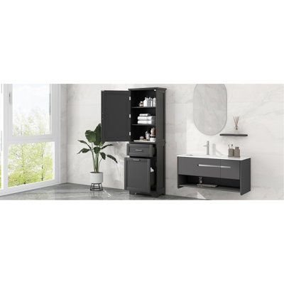 Freestanding Tall Bathroom Storage Cabinet Of Black Painted Finish, Two Different Size Drawers, Adjustable Shelf And - Toppling Installation For Home With Shelf, Slide Rails Feature