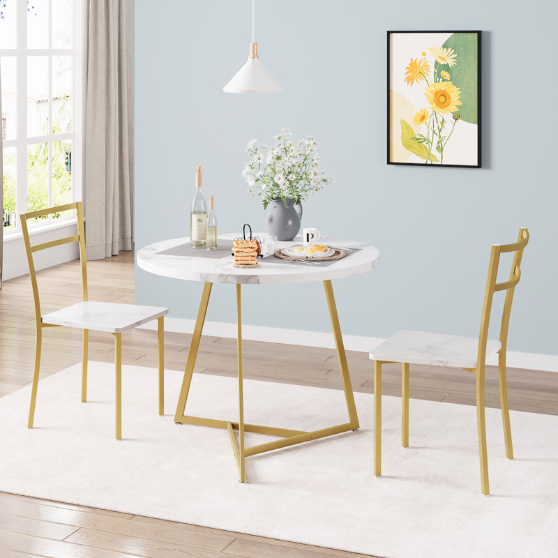 Ensemble de table de salle à manger 3 pièces pour 2 personnes - Design moderne, chaises rembourrées, structure en métal robuste - Idéal pour les salles à manger d'appartement ou de studio, finition en faux marbre, blanc marbre doré