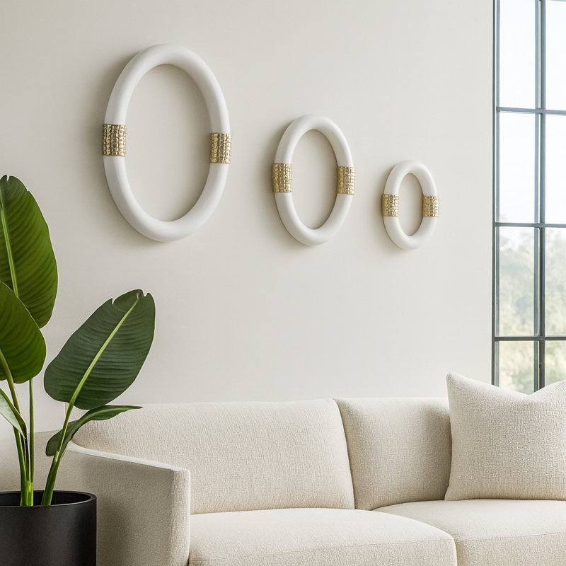Oval Ring Wall Sculpture for Home Decor - Modern Wall Decor Hanging Perfect for Hallways or Entryways - Decorative Wall Art for Kitchen Decor or Artistic Wall Accent in Any Room - Set of 3, 14", White