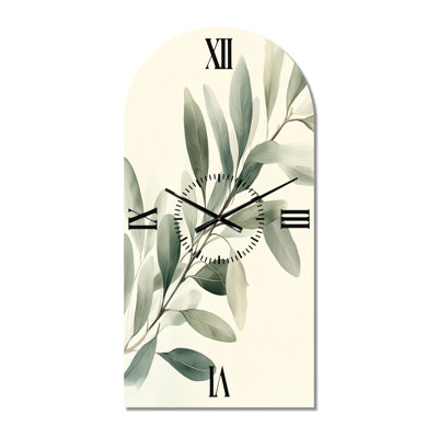 Horloge murale Japandi grand format en métal arqué, motif branche d'olivier et eucalyptus doux I
