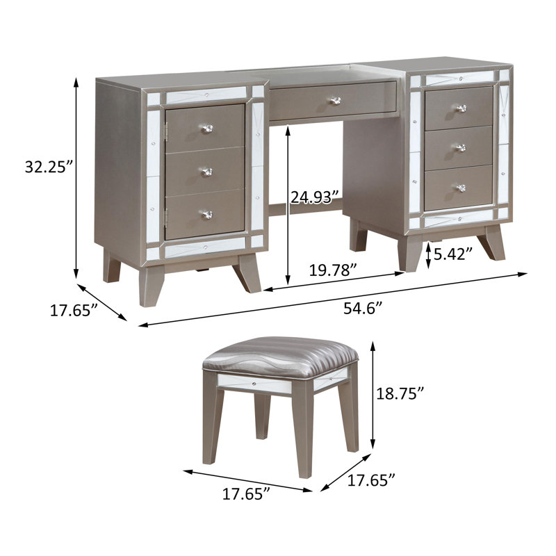 Bureau de coiffeuse 7 tiroirs avec tabouret en mercure métallique Eltra