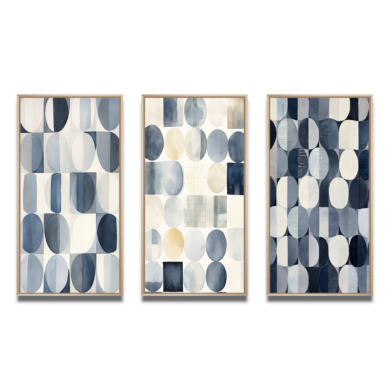 "Aquarelle matricielle circulaire en bleu délavé III" - 3 pièces sur toile, Cadre naturel flottant, H 32 po x l 48 po