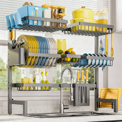 Dish Drying Rack - Over The Sink Dish Drainer Drying Rack with Utensil & Knife Holder, Hooks, Stainless Steel Kitchen Organizers and Storage Solution, 11.8" D x 31.5"~39.0''W x 30" H, Gray
