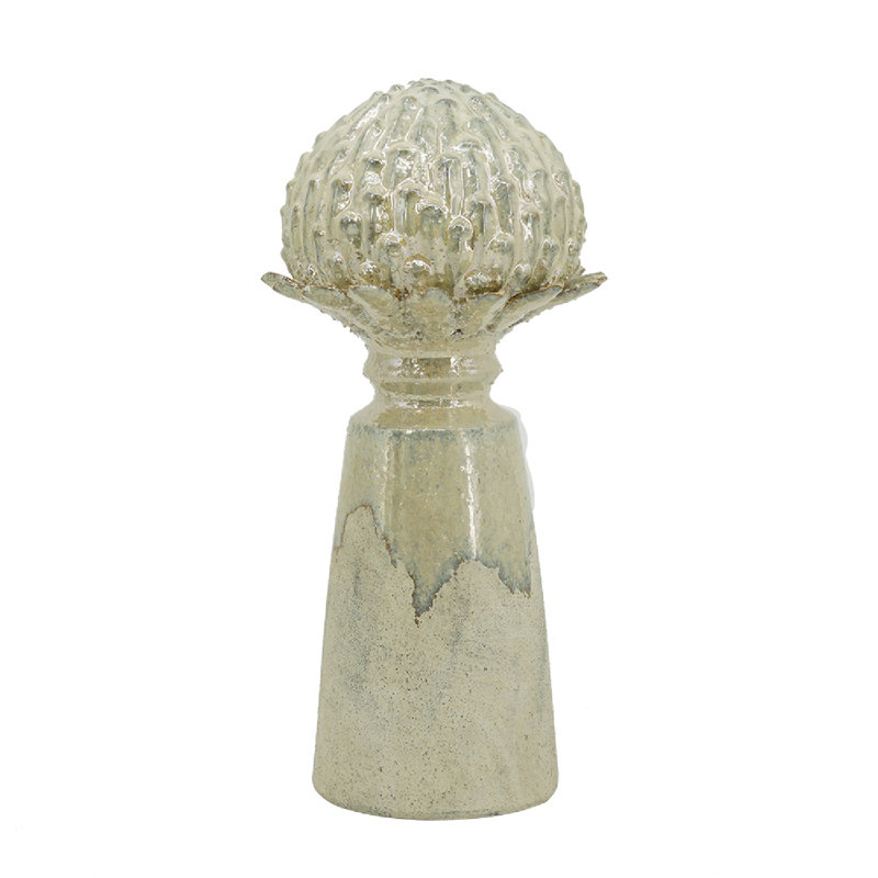 Gray Stoneware Artichoke Statue on Pedestal Base, 13.2" H x 6.9" W x 6.9" D