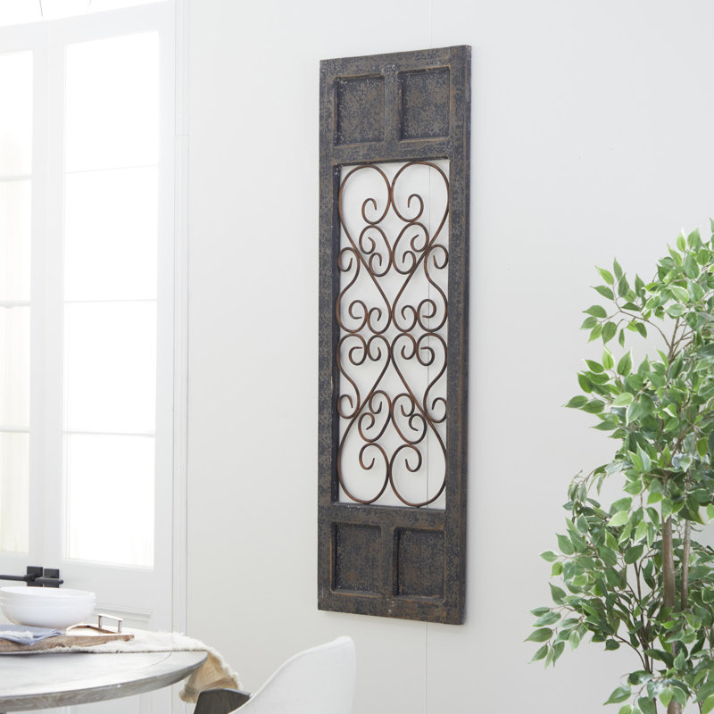 Wood Window Inspired Panel Scroll Brown Wall Decor with Copper Metal Scrollwork