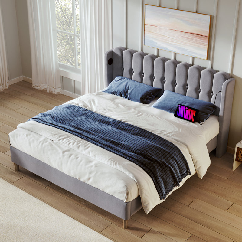 Velvet Grille-Panel Bed With Charging Station, Double (4'6), Grey