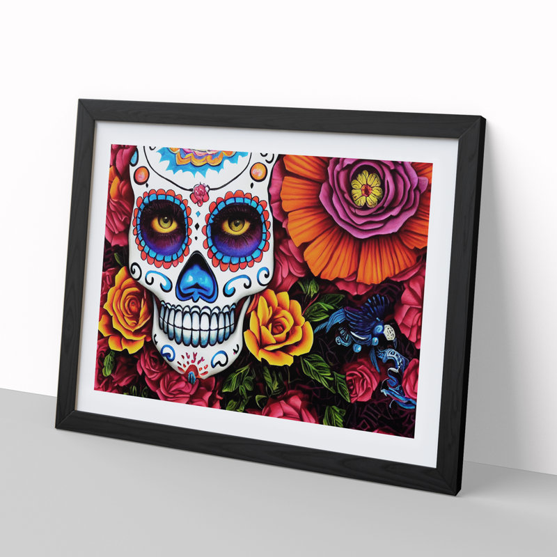 Shining Floral Sugar Skull - Framed Print, Black, 25cm H x 34cm W x 2cm D
