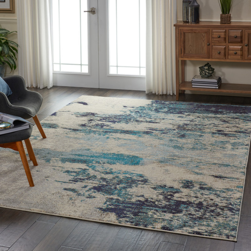 Tapis tissé à la machine abstrait 7 pi x 10 pi ivoire