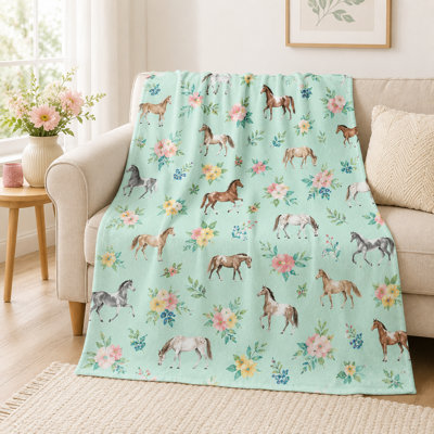 Mint Floral Horse Flannel Blanket with Watercolor Horses and Blooming Garden Sprigs, Fresh Botanical Throw for Sofa, Bed and Everyday Layering, 50 x 60 in