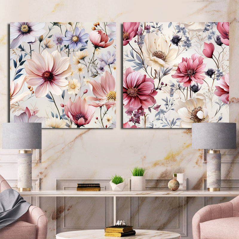 Hamrick - Ensemble de 2 collages carrés floraux, H 30 po x l 61 po, Toile tendue