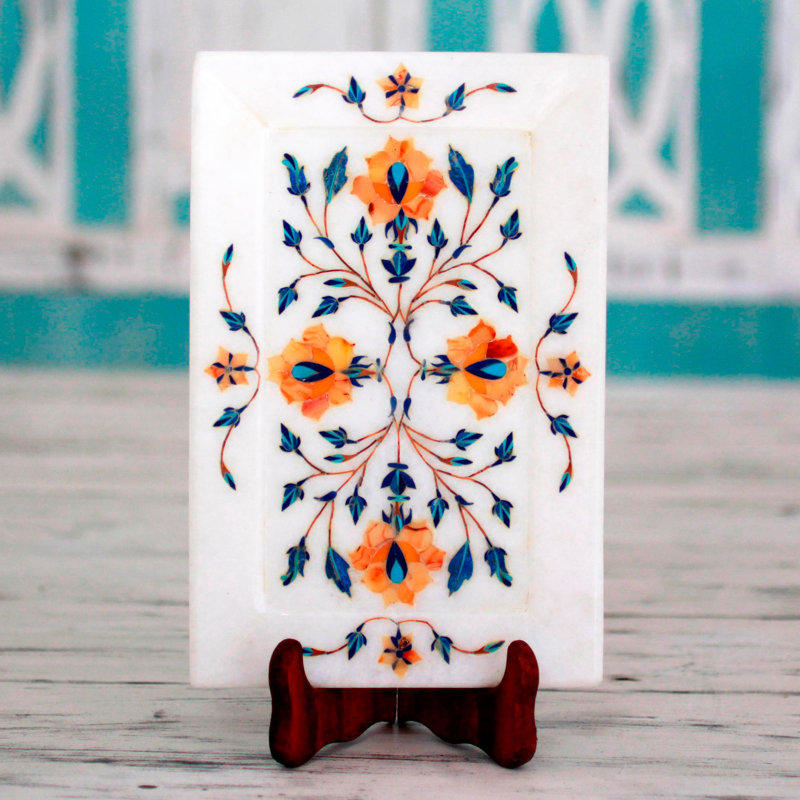 Assiette décorative rectangulaire en blanc / bleu / orange