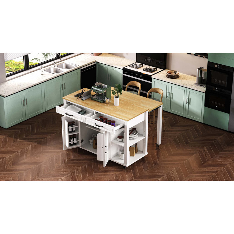 Îlot de cuisine extensible de 47 pouces avec table de salle à manger, rangement interne et prises de courant pour les cuisines modernes