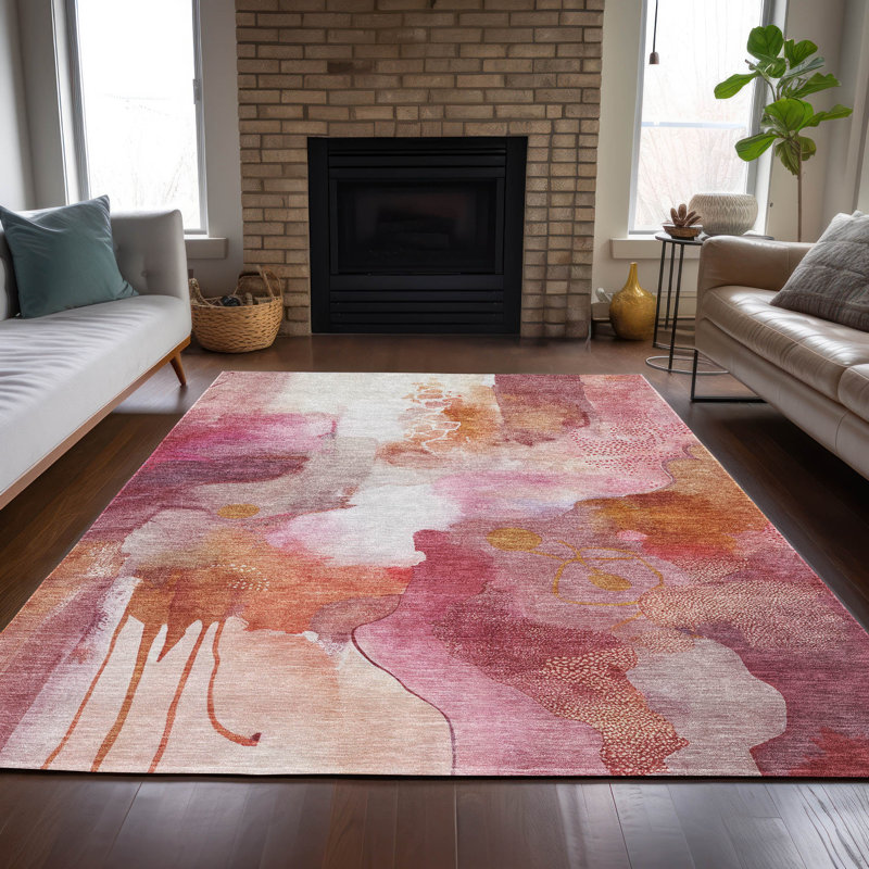Machine Washable Indoor/Outdoor Xhevrie Pink Rug, Rectangle 8' x 10'
