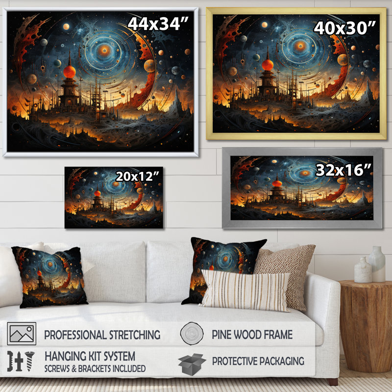 " City With Many Planets And Stars ", 30" H x 40" W, Cadre flottant doré