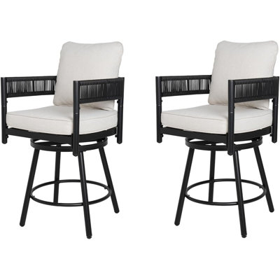 Ensemble de 2 tabourets de bar d'extérieur pivotants à hauteur de comptoir de 26 po avec structure en métal, dossier courbé en osier tissé, coussins épaissis pour patio, terrasse, balcon (naturel)