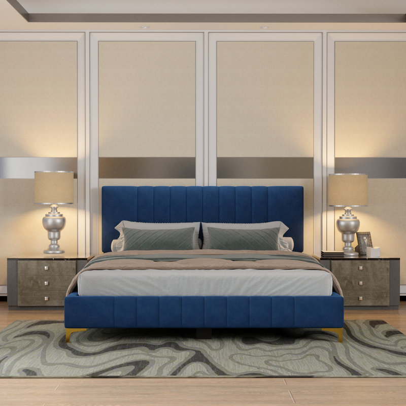 Jineane Upholstered Panel Bed, Full , Blue/Gold