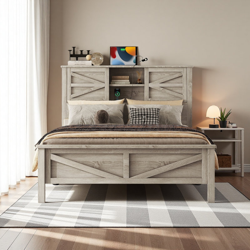 Lit plateforme Farmhouse avec porte de grange coulissante double, lit double en bois rustique avec station de charge, support à lattes de bois