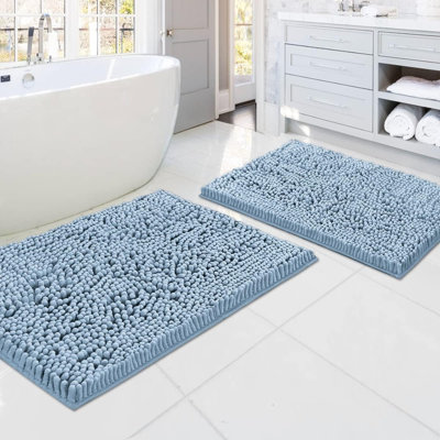 Ensemble de tapis de bain 2 pièces, tapis de salle de bain en chenille antidérapants de luxe, tapis de bain à poils longs absorbant très doux, lavable, séchage rapide, bleu froid