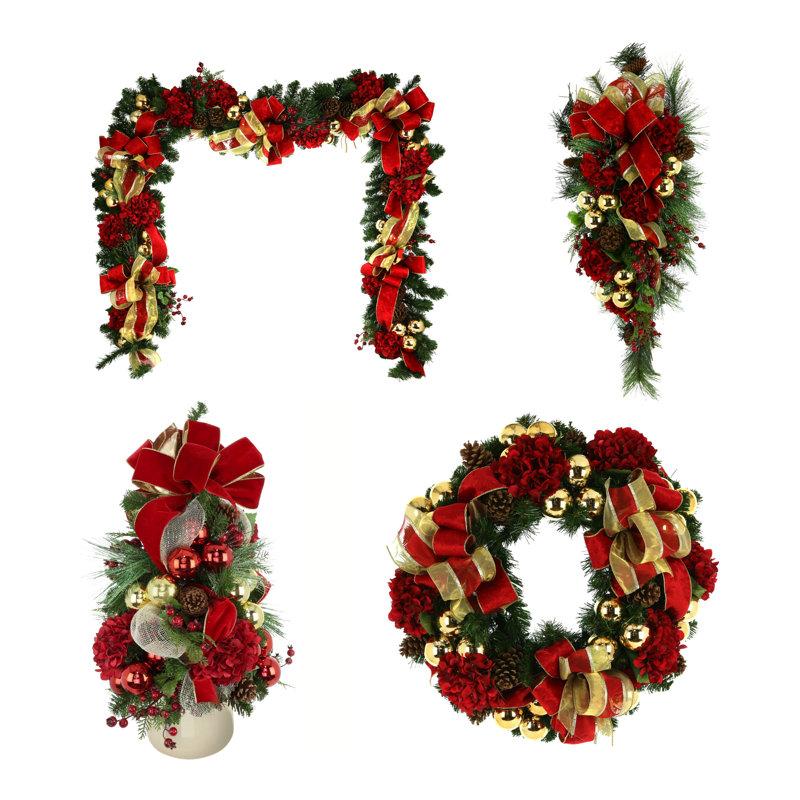 Holiday Hydrangea Bundle Ft. 26" Wreath, 6' Garland, Decorative Tree And Swag