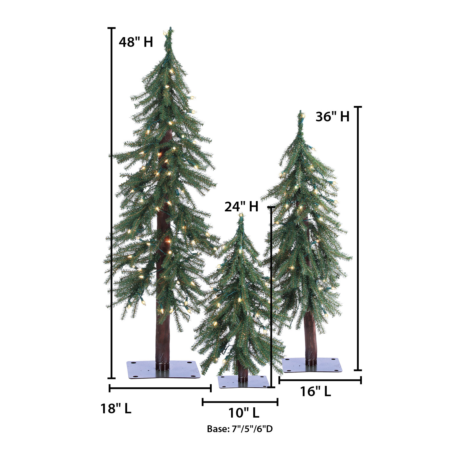 Elegant 3 Piece Pre Lit Alpine Tree Set With Warm White LED Lights