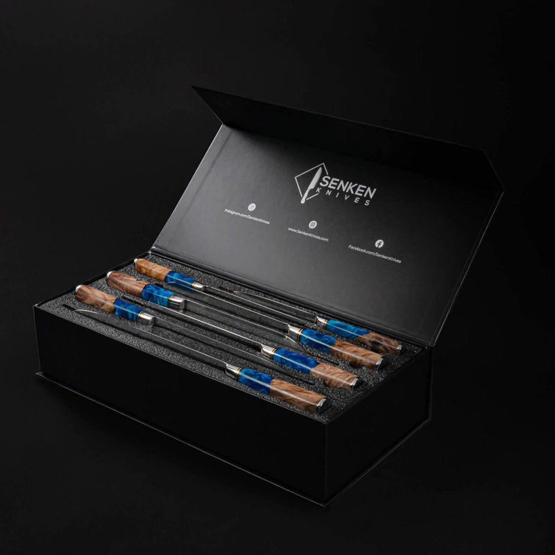 Ensemble de couteaux japonais en acier Damas 7 pièces Senken Knives - Collection Tsunami - Poignées en résine bleue