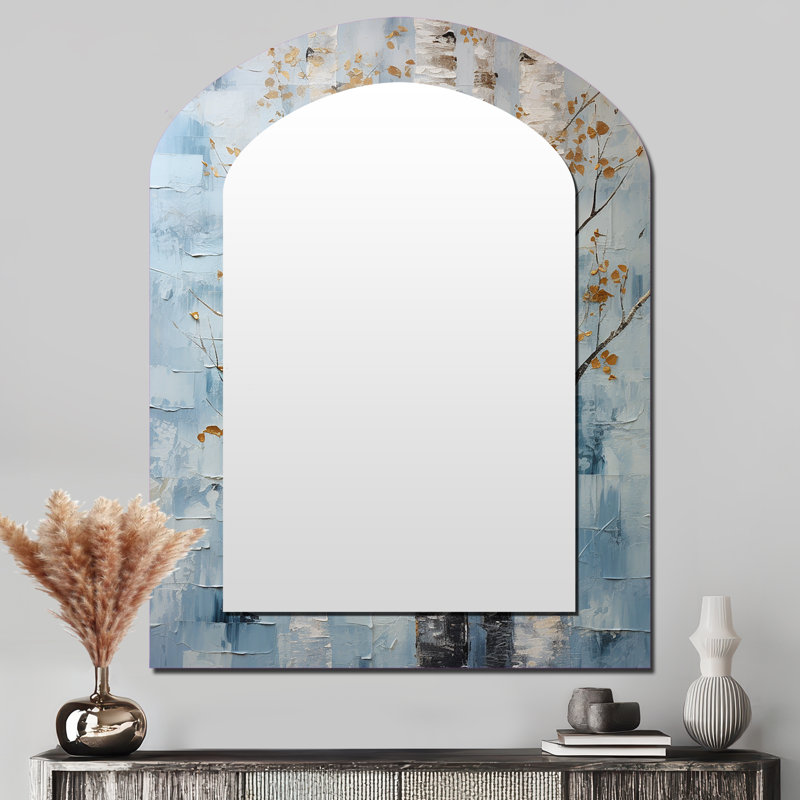 Silver Blue Tree Birchs Breath I - Birch Asymmetrical Unique Wall Mirror, Traditional Arch Mirror, Printed Metal Art