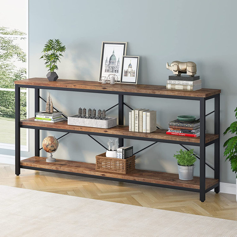 Jeyden 70.87" W Manufactured Wood Top Console Table with Metal Frame , Brown Top/Black Base