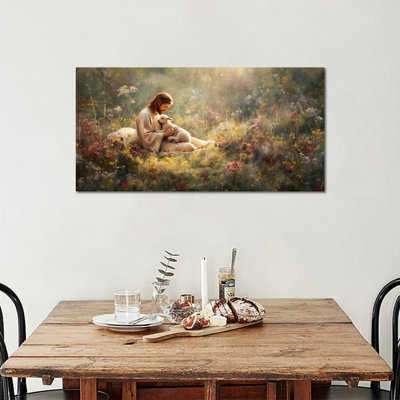  Spring Jesus Canvas Wall Decor, Spring Pictures, Jesus Painting Canvas Wall Art, Christian Poster Prints, Floral Landscape Canvas Artwork for Bedroom Living Room, Religious Nature Art Gift 12" × 24"
