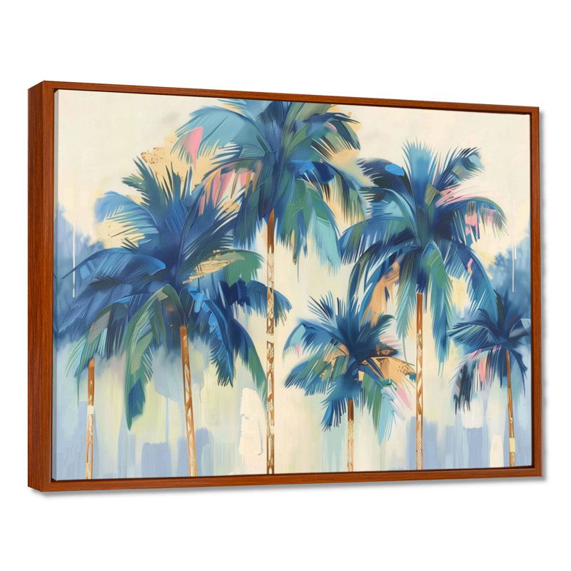 «Blue and Gold Palm Tree forest I - Palm Trees», reproduction d'art sur toile, Cadre flottant brun, bois massif