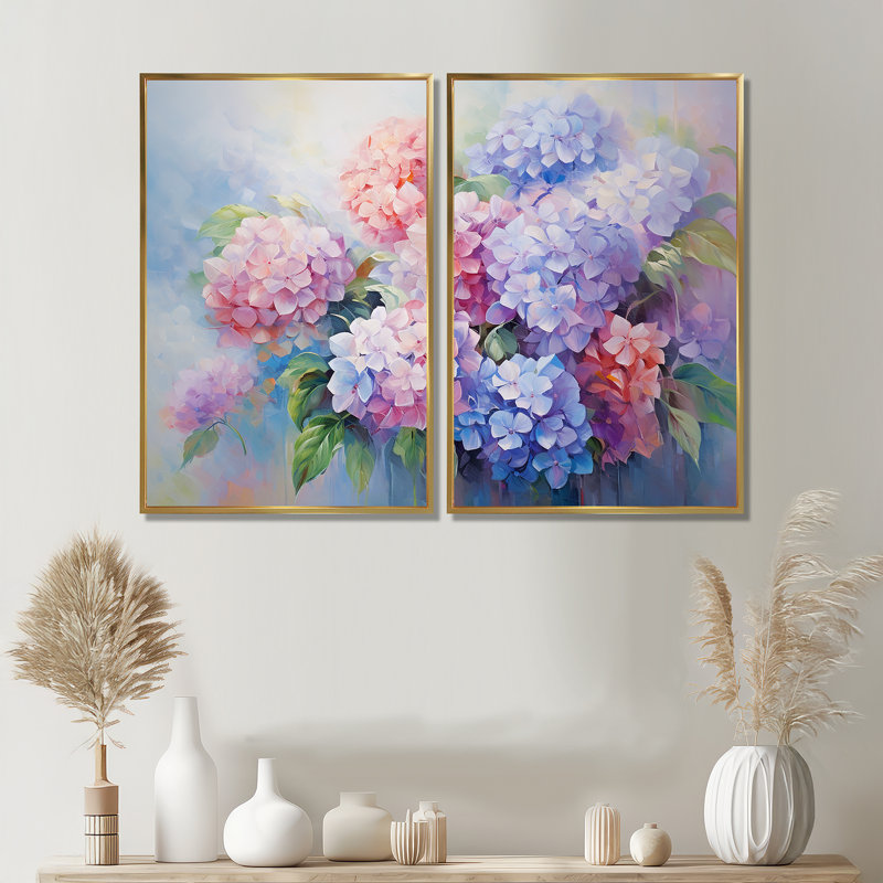 Impression romantique sur toile mauve, hydrangées roses et mauves, Cadre flottant, H 36 po x l 48 po, Doré